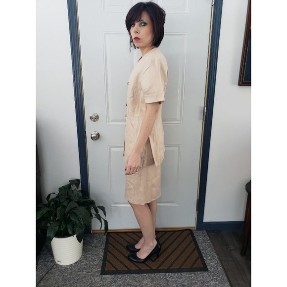 Vintage 90s‎ Pink Linen Skirt Suit - Picture 2 of 5